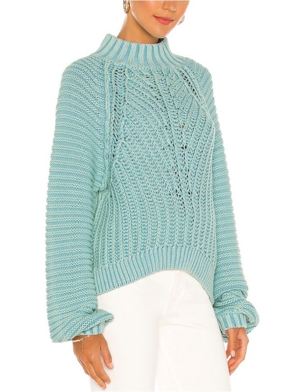 Free People Sz L Sweetheart Chunky Blue Cotton Relaxed Boho Sweater